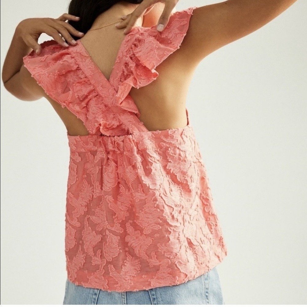 By Anthropologie Coral Floral Textured Flutter Sleeve Strap Top Size S Boho